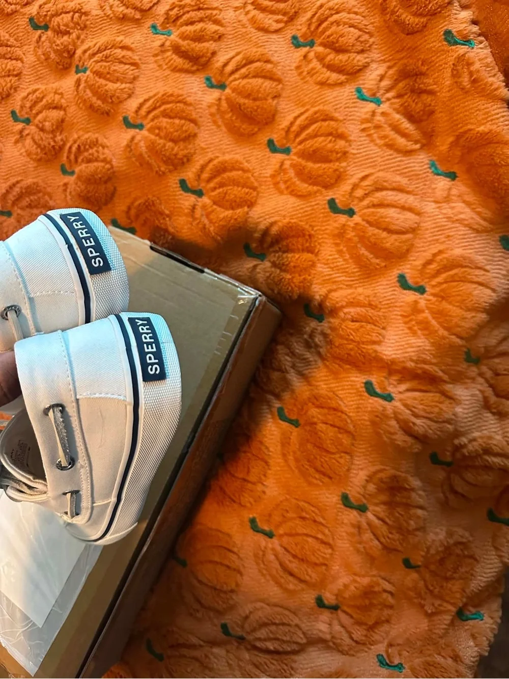 Sperry White Canvas Men’s Boat Shoes with Navy Trim